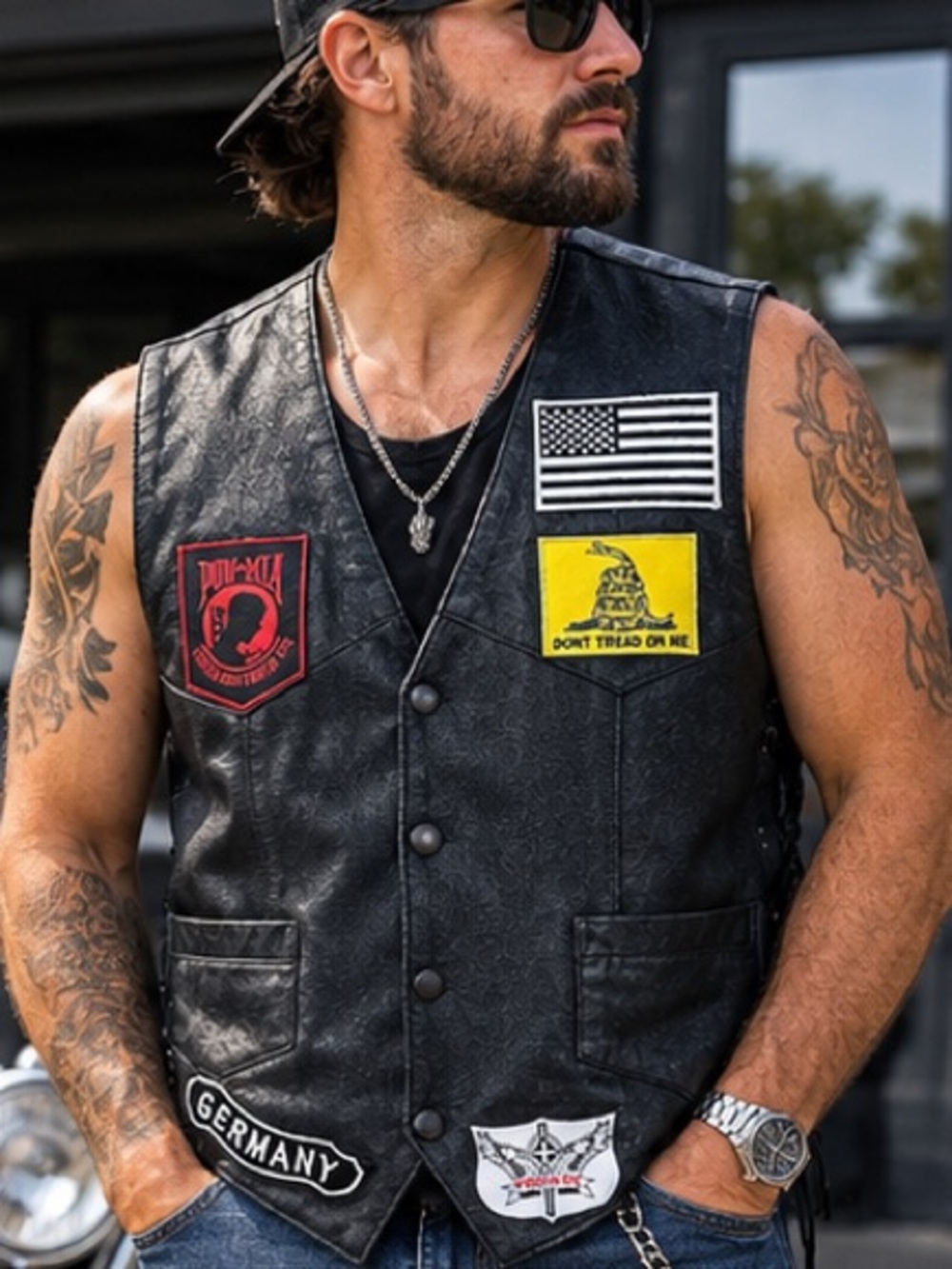 Vintage IK Leather Vest Mens XL Patchwork Biker Motorcycle Black USA Flag Skull